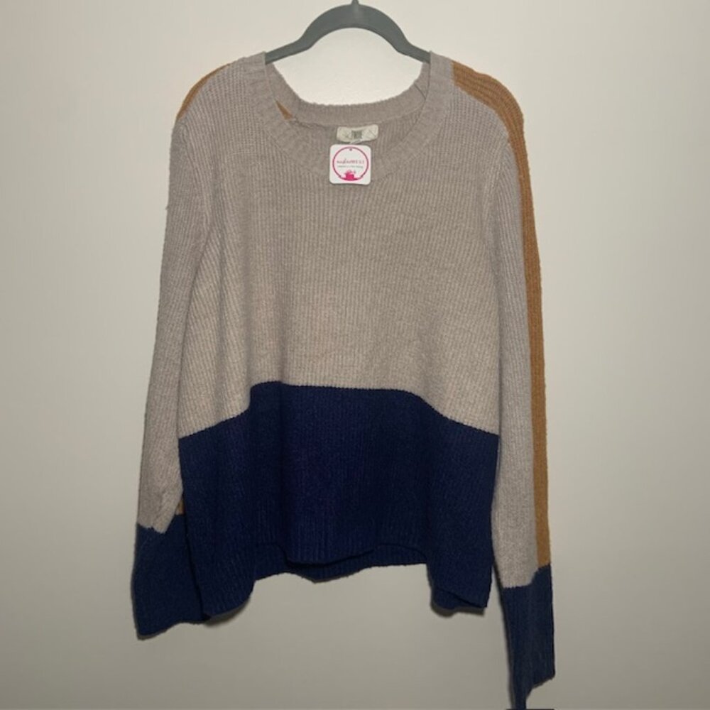 Pinque Women Color Block Knit Pullover Sweater‎ Mustard/Beige/Navy Blue Size XXL